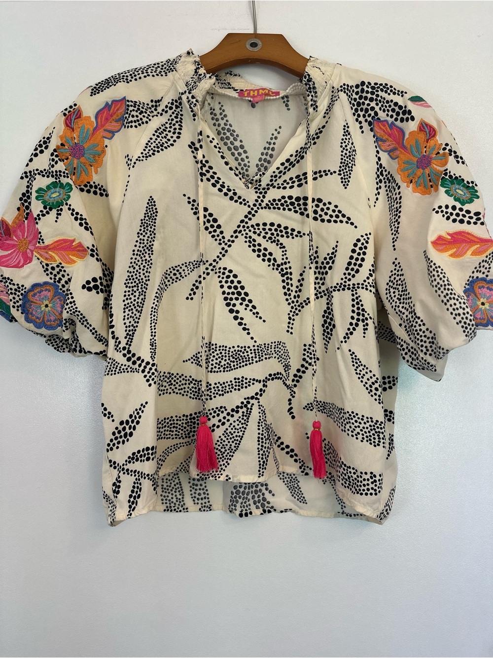 THML Cream Blouse with Black Dot Print and Multicolor Floral Embroidery